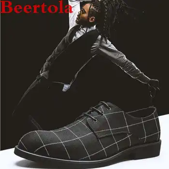

Autumn Men's Casual Shoes Canvas Brogue Shoes Men Pointed Toe Checkered Pattern Breathable Party Wedding Flats Shoes Gentlemen