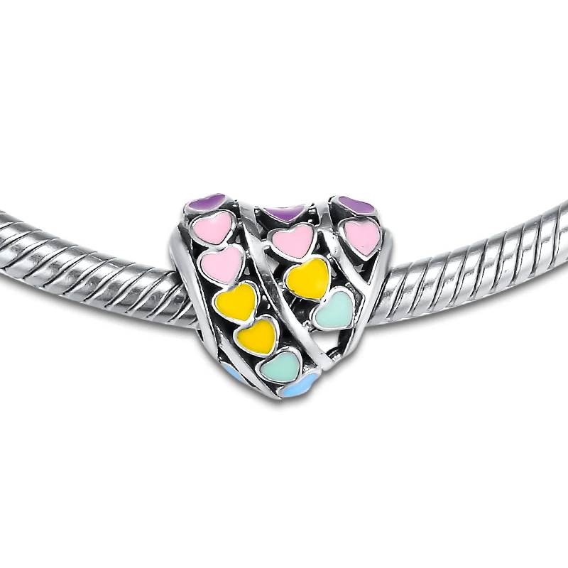 Genuine 925 Sterling Silver Multi-Color Hearts Beads Charms Fits Pandora Charm Bracelets DIY Jewelry Making Wholesale FL699 (1)