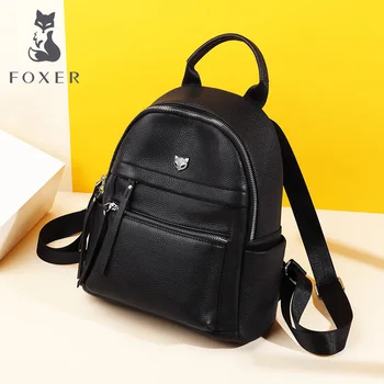 

FOXER Lychee Pattern Female Backpack Black Large Capacity Ladies Brand School Bag Genuine Leather Travel Rucksack for Women
