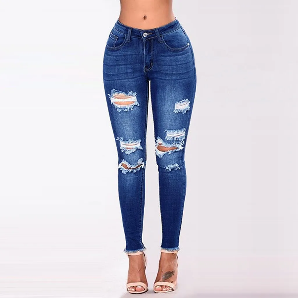 Женские повседневные джинсы с высокой талией, облегающие джинсы размера плюс, рваные длинные джинсы с дырками, джинсовые обычные штаны, женские джинсы для мам# YL10