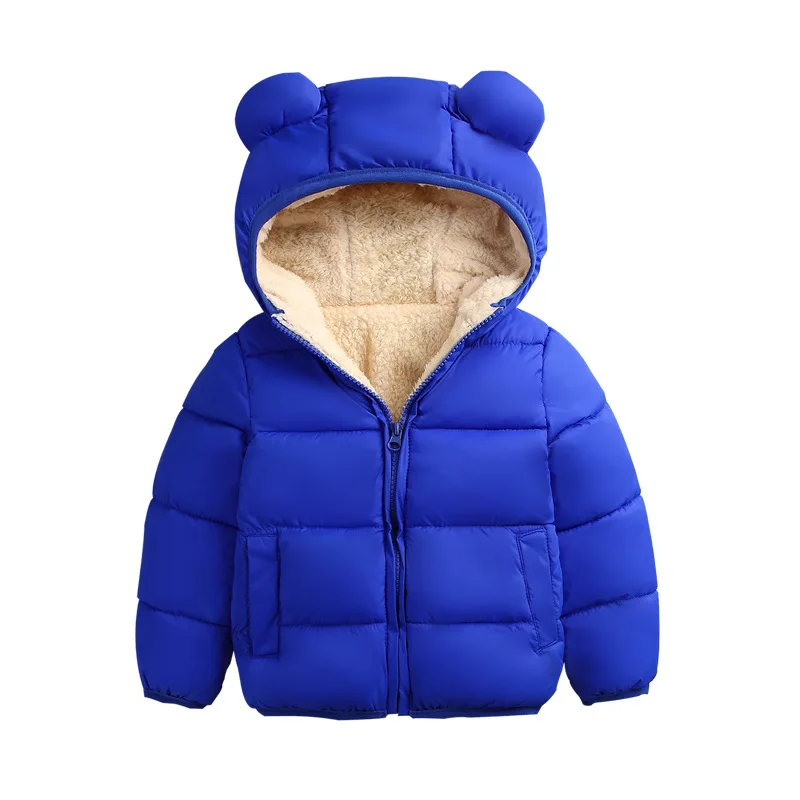 Коллекция года, Брендовое пальто для малышей Зимние Пуховые парки для маленьких мальчиков и девочек, пальто с объемными ушками, с капюшоном, с длинными рукавами, на молнии, одноцветные, теплые - Цвет: Сиренево-синего цвета