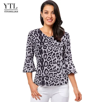 

Yitonglian Women Wildheart Leopard Print Flare Half Sleeve V Neck Plus Size T Shirt for Women Summer Tops camiseta mujer H343