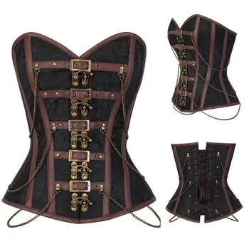 

Brown Steampunk Buckle-up Metal Chain Retro Gothic Faux Leather Corsets Overbust