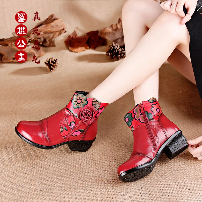 Xiuteng Retro Bohemian Women Boots Printed Genuine Leather Ankle Boots Vintage Motorcycle Booties Ladies Shoes Woman 2022