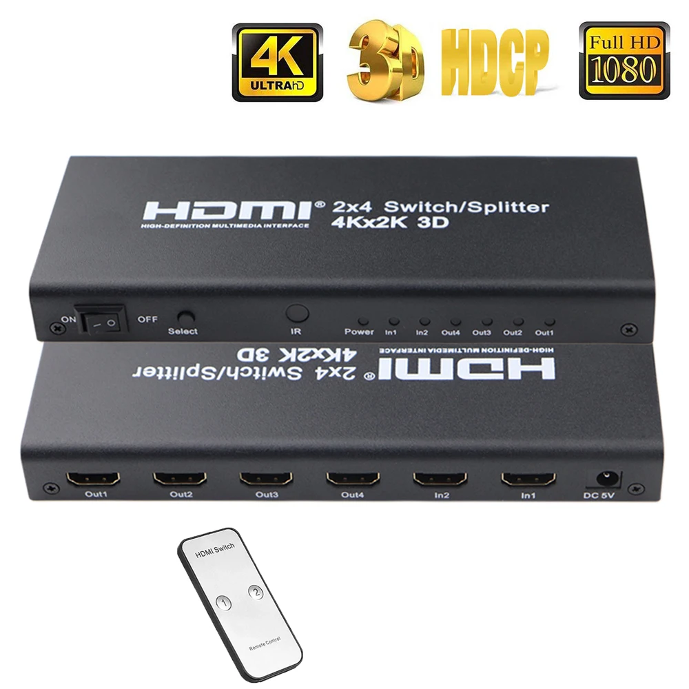  2X4 Hdmi Splitter 2 in 4 Out Hdmi Switch con Spdif Audio 3.5 Millimetri di Sostegno Hd 4K 3D 1080P 