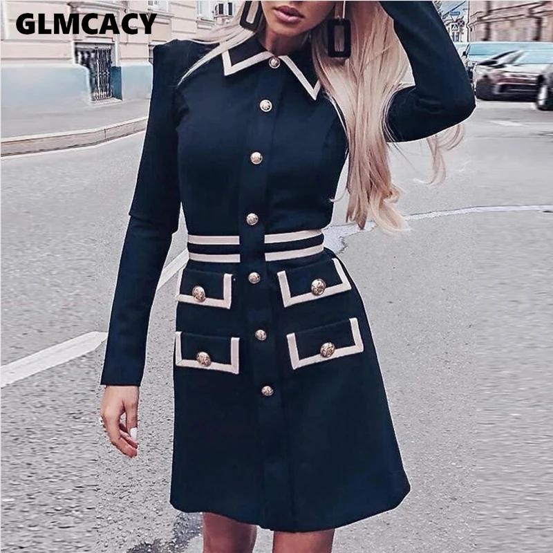 Women Single Breasted Turn Down Collar Pocket Design Elegant Dress Chic Office Lady Spring Fall Street Wear Runway Dress