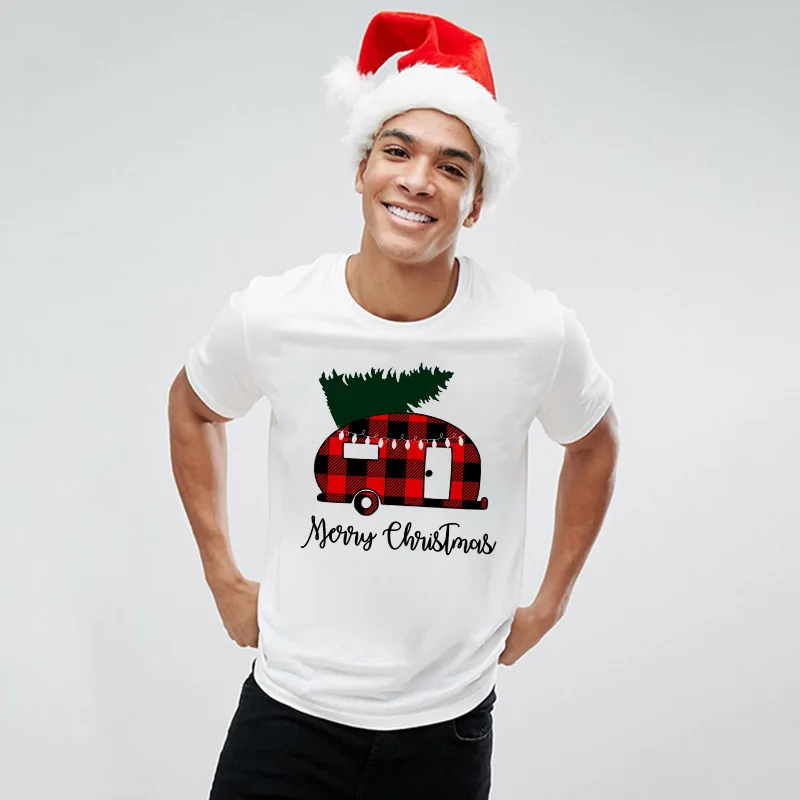 Забавные футболки в клетку, веселые футболки с рождественским узором, повседневные мужские футболки с изображением рождественской елки и грузовика, модные зимние футболки в стиле Харадзюку для отдыха, одежда - Цвет: N633-MSTWH-