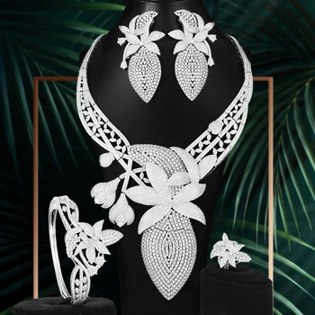 

4PCS BIG Luxury Silver Color Lotus Flowers Statement Jewelry Set For Women Wedding African Cubic Zircon CZ Dubai Bridal Jewelry