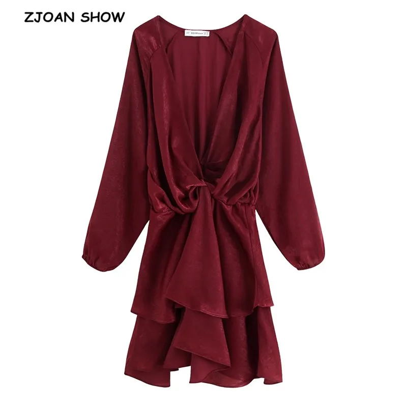 

2019 Autumn Vintage Wine Red Cross V neck Ruffles Hem Dress Women Bat Long sleeve Short Dresses Elastic Waist New Casual vestido
