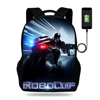 

17inch Robocop Print Backpack Mens USB Port Rucksack For Teenager Boys&Girls School Bags Laptop Daily Backpacks