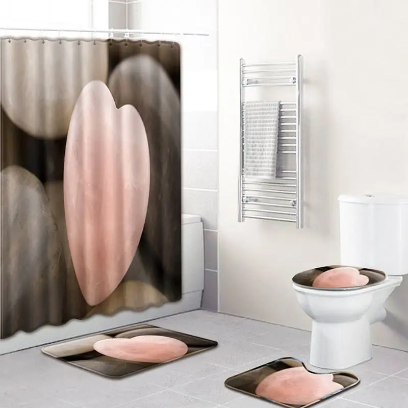 

4Pcs/Set Love Pattern Valentine's Day Non-Slip Home Toilet Pad Cover Bath Mat Shower Curtain Set for New