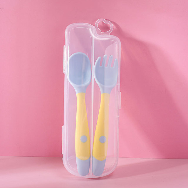 Spoon Fork Set Toddler Infant Bendable Silicone Soft Spoons Learning Tableware Safe Feeding Flatware with Storage Box