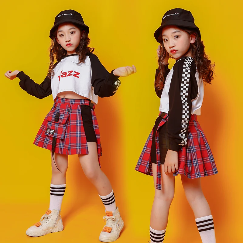 Children Hip Hop festival Clothing Sweatshirt Shirt Tops Plaid Skirt for Girls Dance Costume Wear Ballroom Dancing Clothes