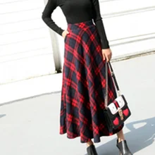 Зимняя женская Высокая эластичный пояс Макси трапециевидная клетчатая Теплая юбка длиной до щиколотки длинная юбка AQ686