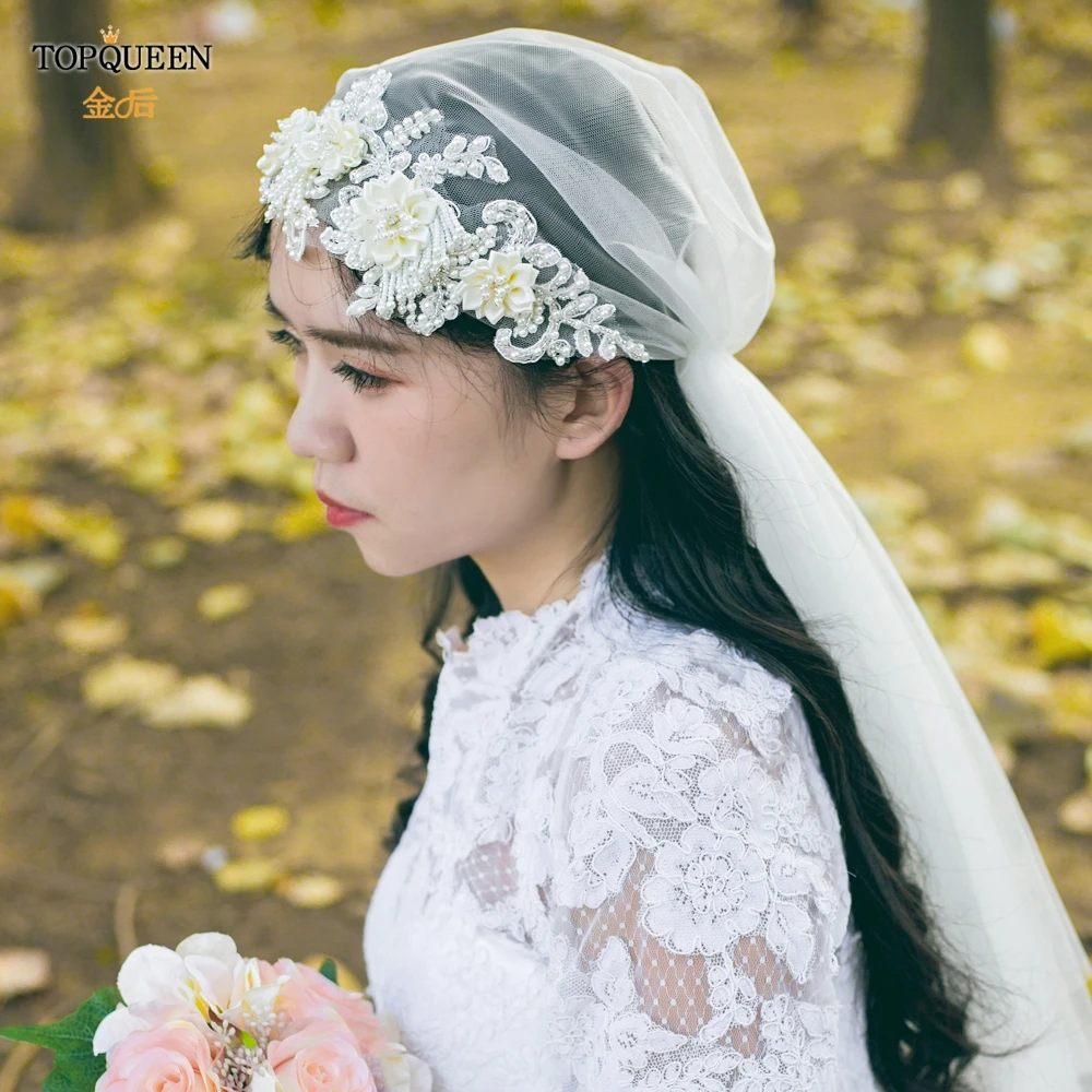 

TOPQUEEN V43 Real Photos Soft Flowers Bridal Veil White Ivory Wedding Tulle with Pearls and Beads for Women Marriage