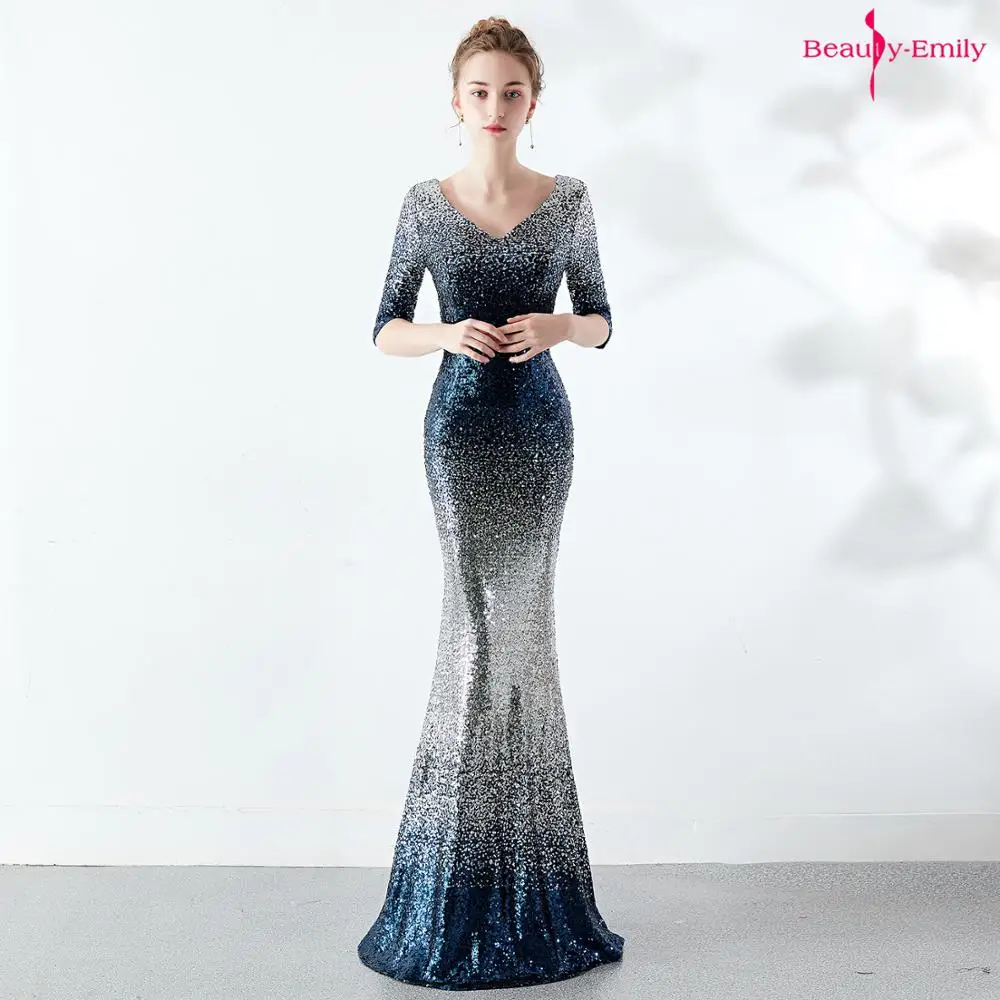 

2019 Autumn New Design V Neck Half Sleeve Mermaid Dresses Gradient Color Long Party Evening Dress Formal Prom Gowns Vestidos