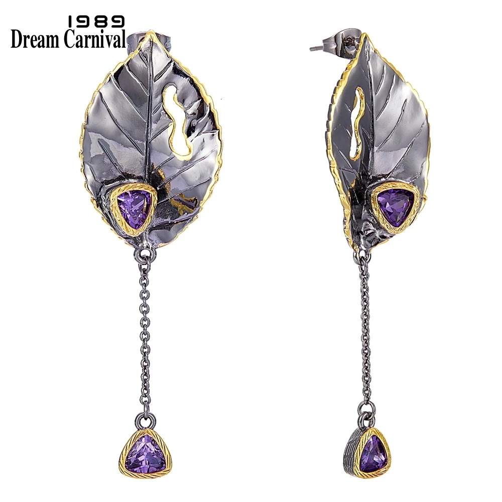 DreamCarnival 1989 новые серьги в готическом стиле для женщин Черного и золотого цвета винтажные листья фиолетовый циркон кисточки должны иметь ювелирные изделия WE3994