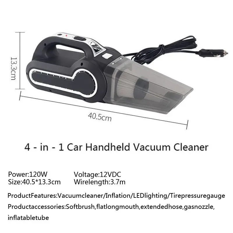 4-in-1 Car Handheld Vacuum Cleaner With Pointer Display Tire Inflator Pump Pressure Gauge Led Light Vacuum Cleaner car cleaners