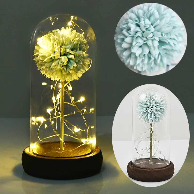 Blue Dandelion Прямая поставка, красная роза в стеклянном куполе, светодиодный светильник с деревянной основой, подарок ко дню матери Святого Валентина - Цвет: Blue Dandelion