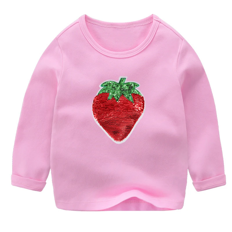 Коллекция года, весенне-осенне-зимние рубашки с пайетками для девочек хлопковая Детская футболка с длинными рукавами и рисунком клубники детские топы с пайетками и блузки для девочек