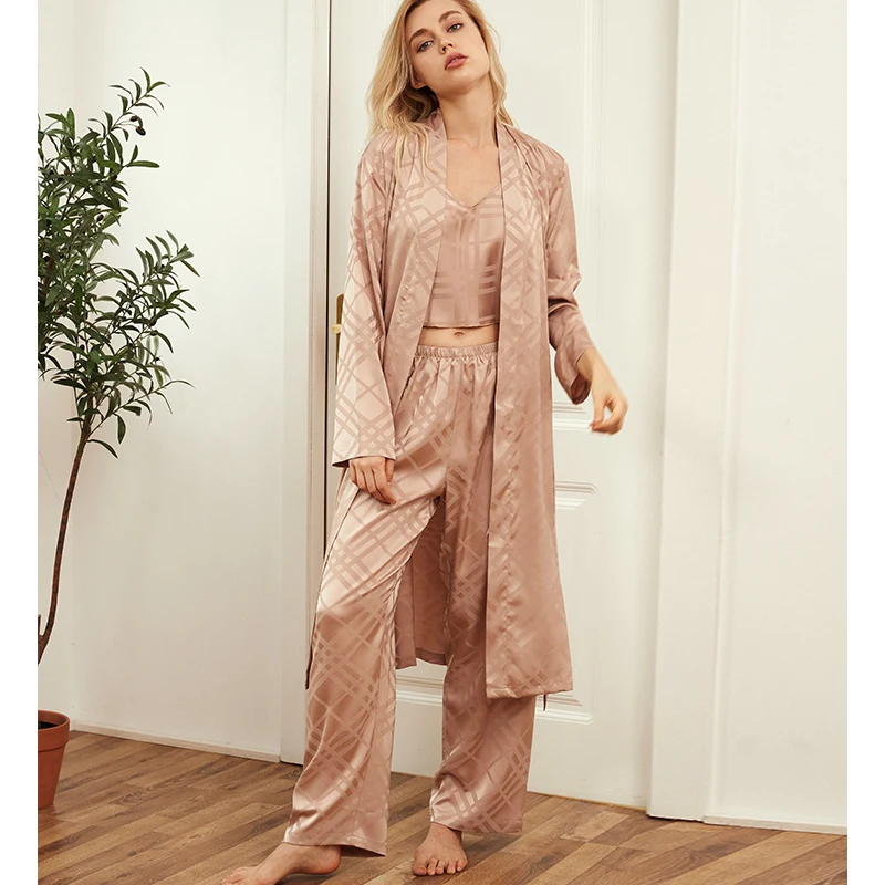 

Pajamas Women Summer There-piece Set Sleepwear Home Suit for Spring and Autumn Silky Stain Sleeping Nightgown for Female Ladies