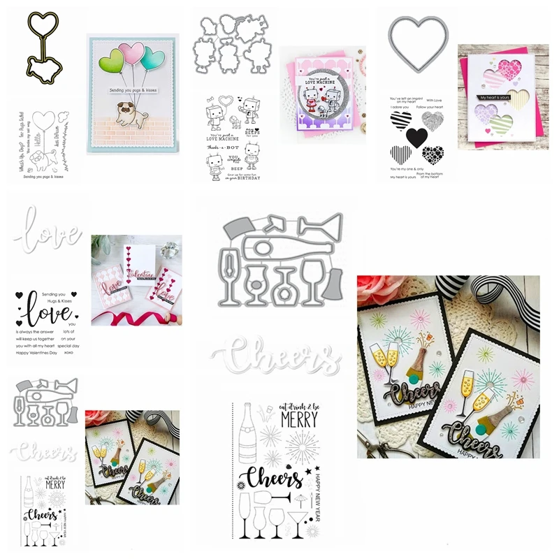 

Wine glass love balloon dog Robot Cutting Dies and Stamps Set for DIY Scrapbooking Crafts Cards Making