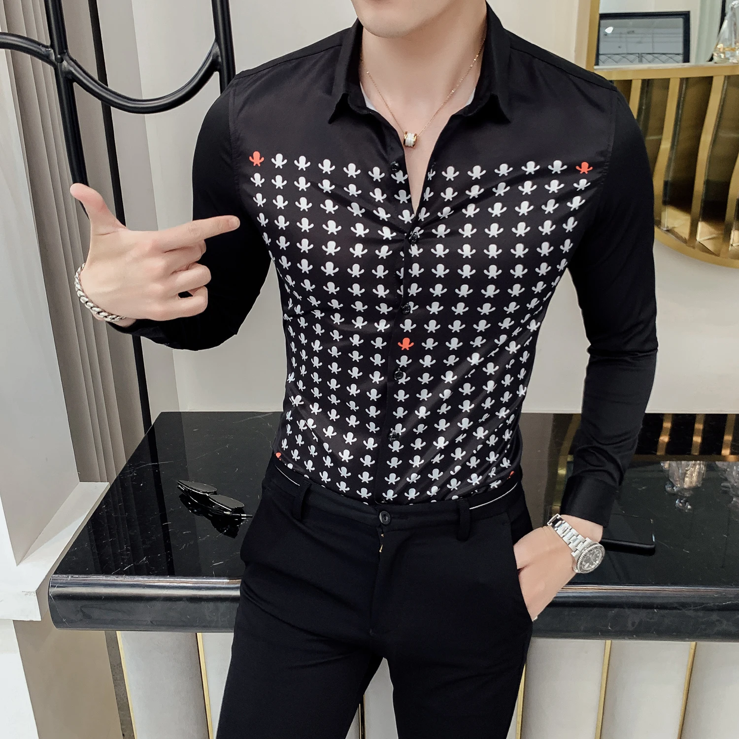 Goedkoop Camisa Masculina Herfst Mannen Shirt Persoonlijkheid Print Lange Mouwen Shirts Voor Mannen Luxe Night Club Smoking Jurk Camisa Hombre