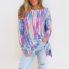 

Tie Dye Striped Casual Long T shirt Autumn New Plus Size Women Candy Color Print Long Sleeve T-shirts 3XL 4XL 5XL Tops Femme