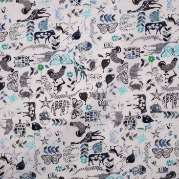 

1 yard Cotton Poplin Fabric for sewing pathwork, dress, cloth, bedding - butterfly, bird, deer, chiken - blue