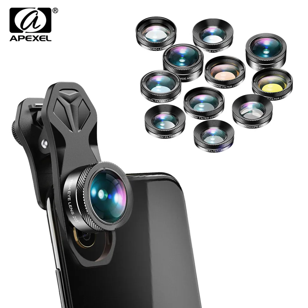 APEXEL Camera Lens Kit 11in1 Fisheye 140 degree Wide Angle Full/grad