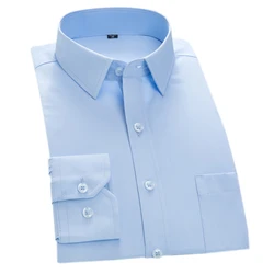 Camisa de manga longa para homens de negócios bolso de peito branco formal sólido vestido social camisas de trabalho de escritório luz azul preto rosa