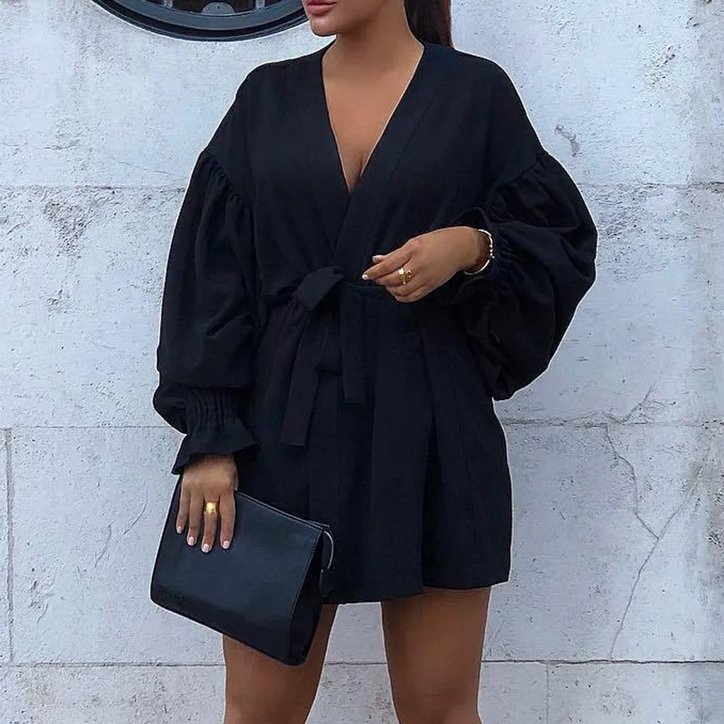 

Feitong Offce Elegant Womens Dresses Autumn Lantern Long Sleeve V Neck Sundress Bandage Waist Solid Color Casual Mini Sukienka