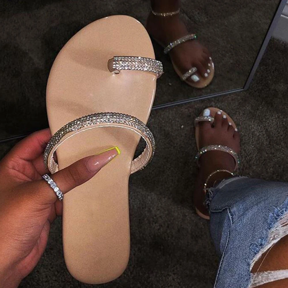 

Women Casual Crystal Slippers Slip On Woman Shiny Embellished Slippers Ladies Fashion Flip Flops Outdoor Slide Sandalias D35