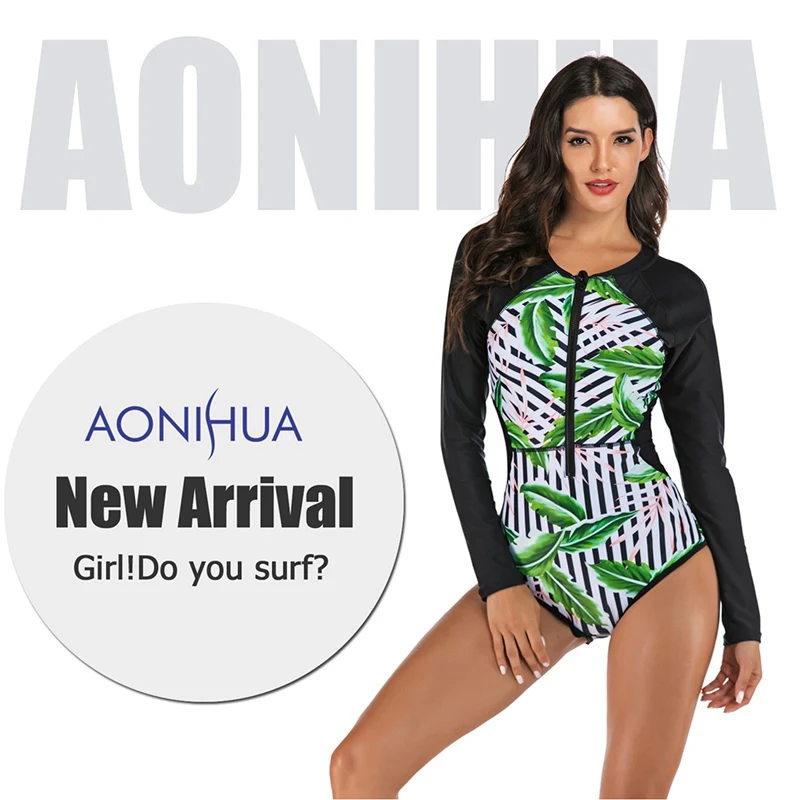 New Swimsuit Women Rashguard Long Sleeve One Piece Swimwear UPF50+ Patchwork Green Color Front Zipper Surf Rash Guard