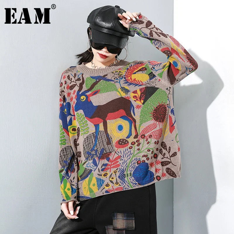 

[EAM] Pattern Big Size Knitting Sweater Loose Fit Round Neck Long Sleeve Women Pullovers New Fashion Autumn Winter 2020 1M627