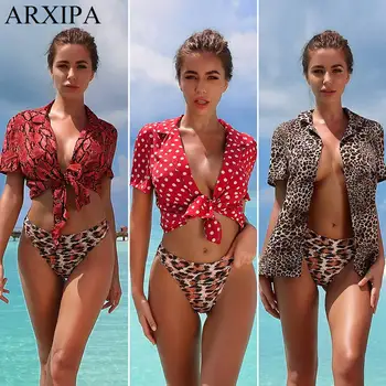 

ARXIPA Bikini Top Women Swimsuit Sexy Swimwear Leopard Snake Bathing Suit Short Sleeve Split Shirt Dot Blouse Beach 2020 New Hot