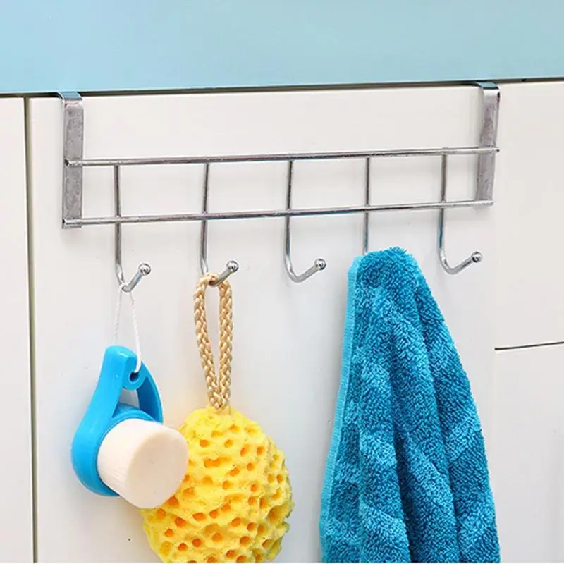 

Stainless Steel Door Hanger Rack 5 Hooks Clothes Nail-free Hanging Holder Organizer Kitchen Bathroom Storage Products