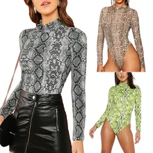 Женский тонкий боди с длинными рукавами Топ принт змеиной кожи обтягивающая одежда для клубной вечеринки Летний комбинезон Осенний сексуальный топ