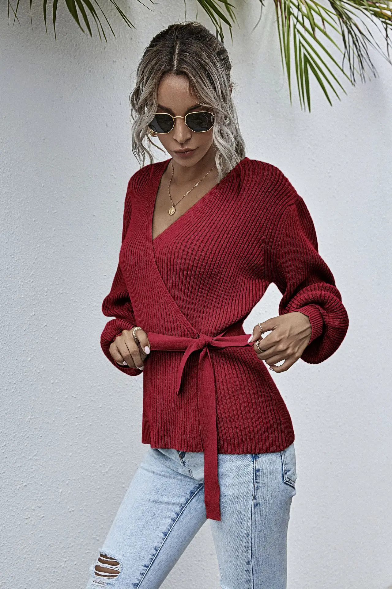 120134亚马逊爆款腰带裹胸针织衫