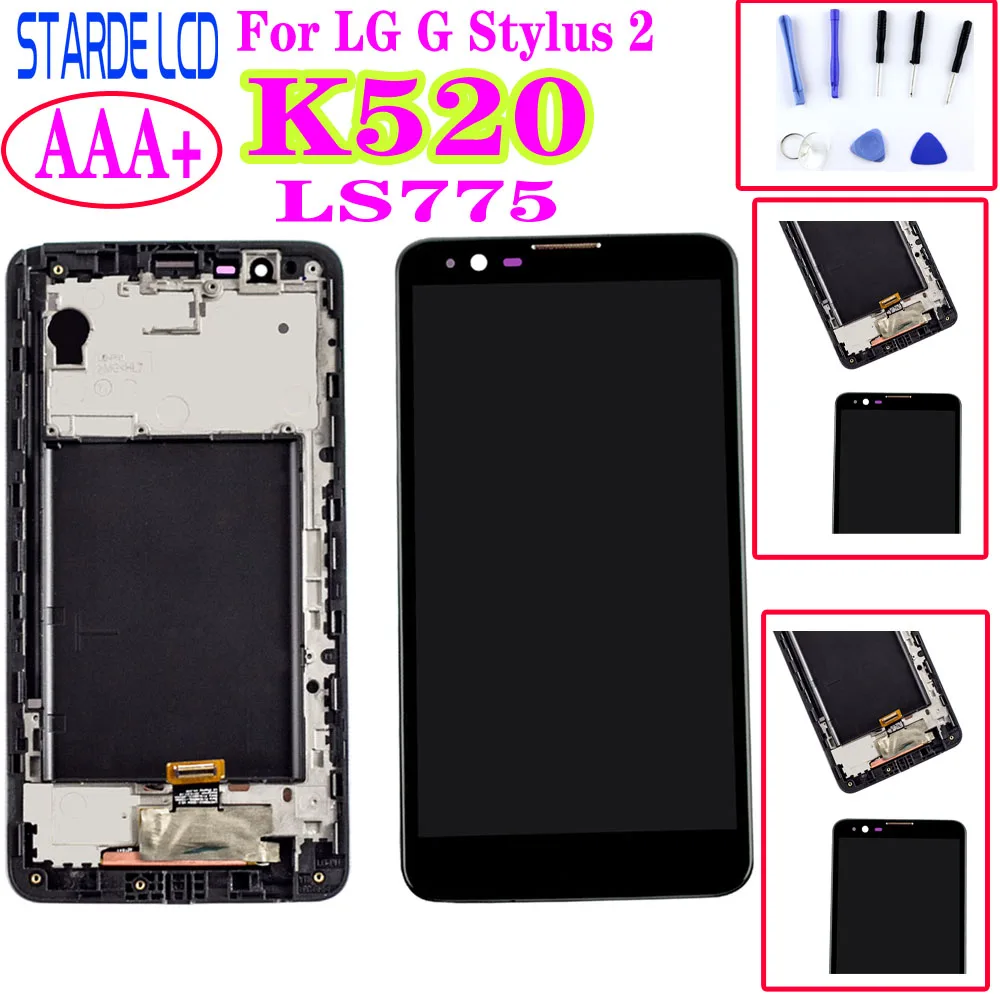 AAA + LG G 스타일러스 2 LS775 K520 블랙 LCD 터치 스크린 디지타이저, LCD 디스플레이 어셈블리, 프레임 포함, gstylo 2 LCD