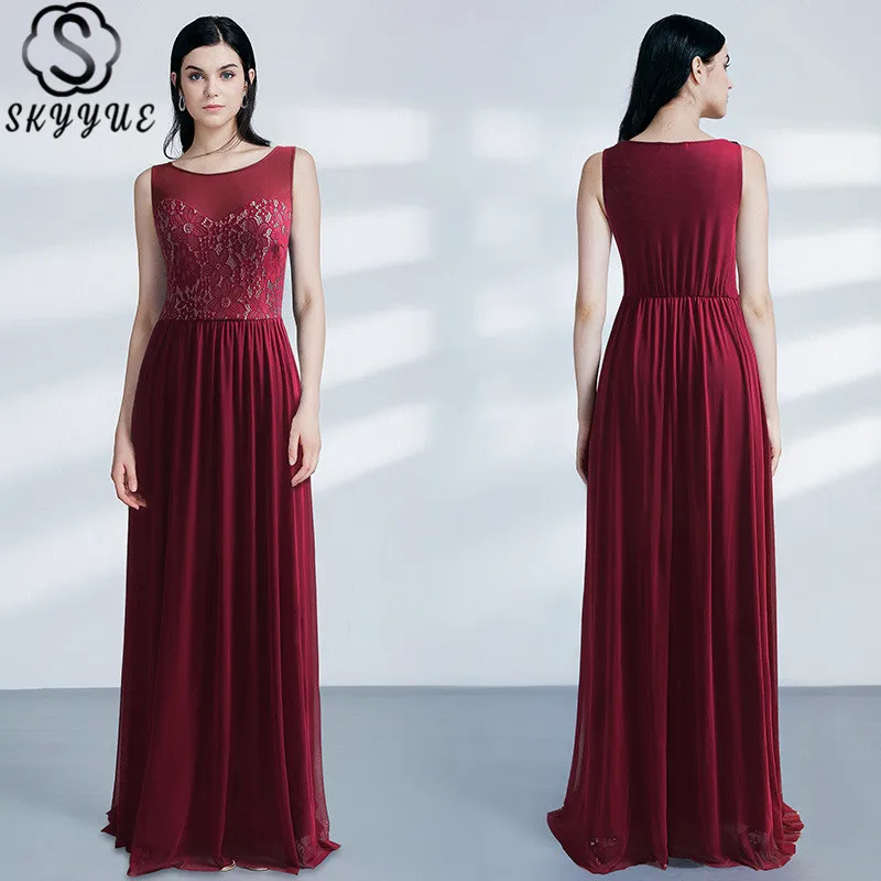 

Skyyue Solid Lace Sleeveless Evening Dress Women Party Dresses 2019 Pleat O-neck Long Plus Size Robe De Soiree Formal Gowns C469
