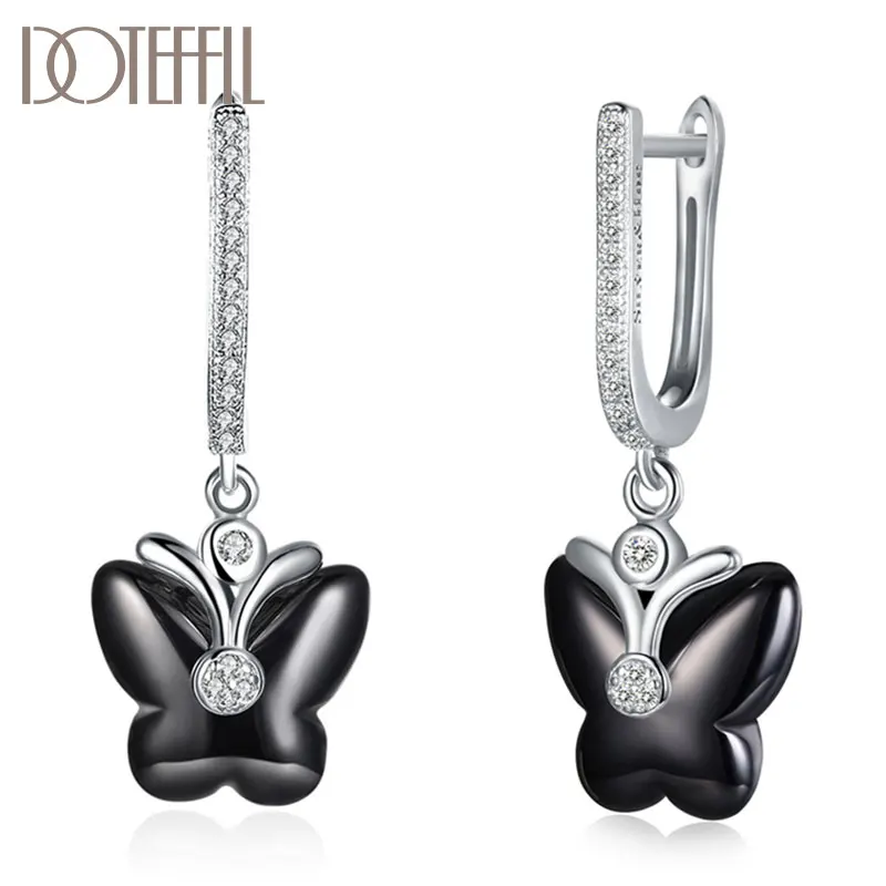 

DOTEFFIL 925 Sterling Silver Ceramic Black/White Butterfly AAA Zircon Earrings Charm Women Jewelry Fashion Wedding Party Gift