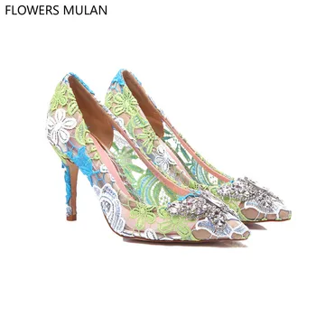 

Wedding Shoes Woman Chic Lace Flowers Ladies Pumps Shiny Butterfly Buckle High Heels Pointed Toe Female Bridal Shoes Design