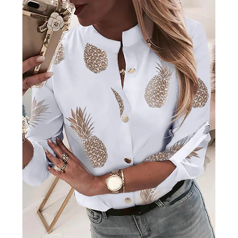 Повседневная Женская блузка размера плюс 2XL с принтом ананаса на пуговицах, белые рубашки,, регулируемые с длинным рукавом, женские модные блузы GV067