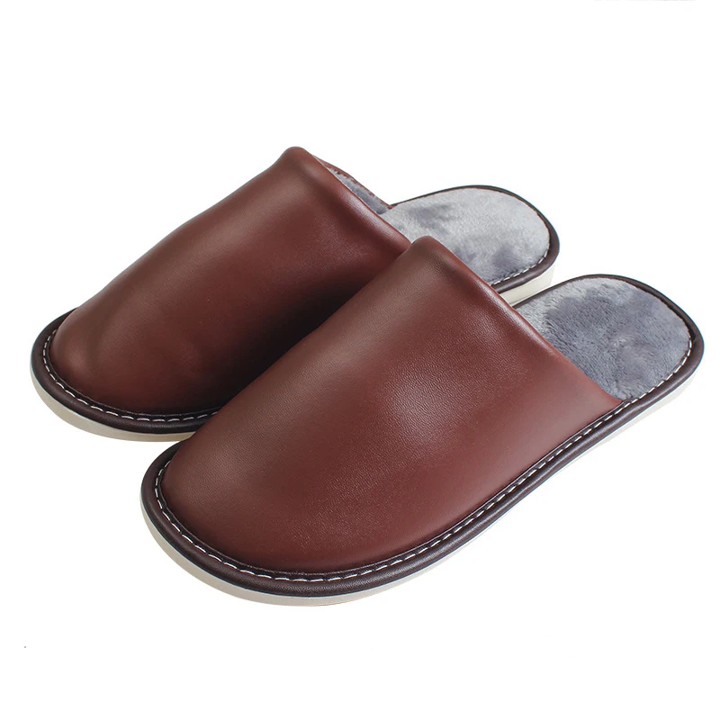 

Leather Slippers Men Warm Short Plush Slippers TPR Non Slip Indoor Slippers for Man Couple Large Size Home Slippers Soft Shoes