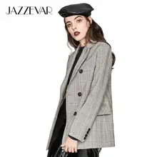 JAZZEVAR Новая Осенняя модная пиджак женский винтажная клетчатая двубортная куртка короткий костюм верхняя одежда высокого качества пиджак YA7013