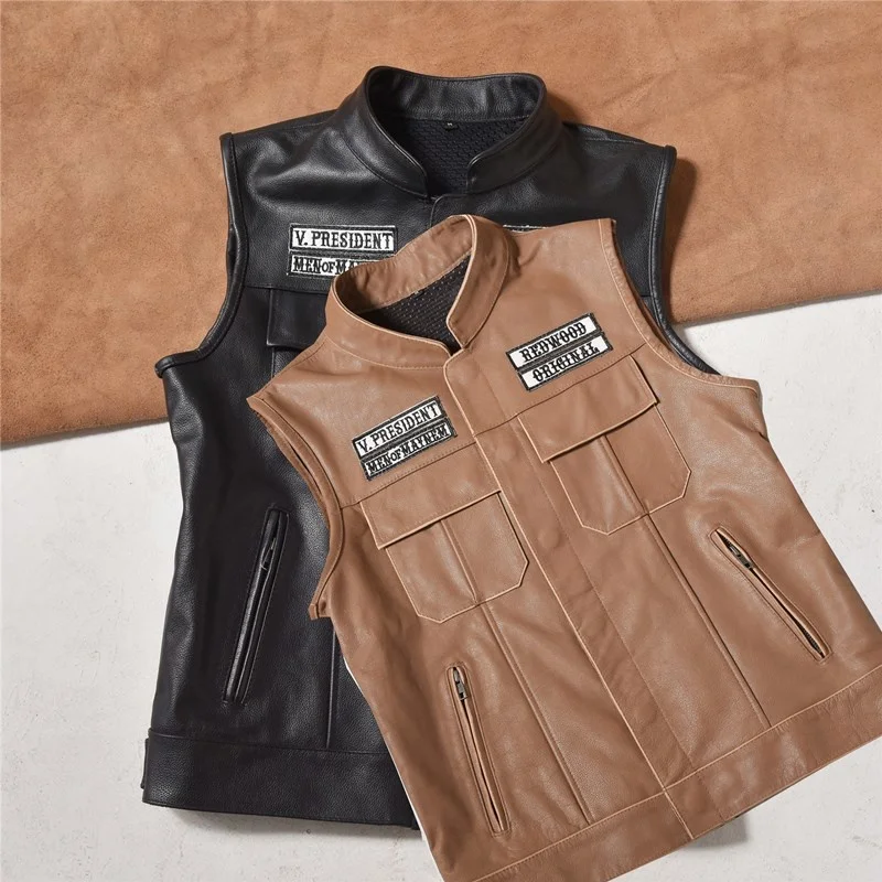 

Motorcycle SOA Biker Leather Vest Letter Skull Patch Mens Genuine Leather Sleeveless Jackets Cowhide Waistcoat Black Brown