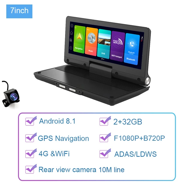 4G Dual Lens Dashcam 7 Inch GPS Navigation ADAS Rearview Camera Android 8.1 Video Recorder 1080P Car Dashboard DVR 2GB+32GB WiFi reversing camera mirror DVR/Dash Cameras