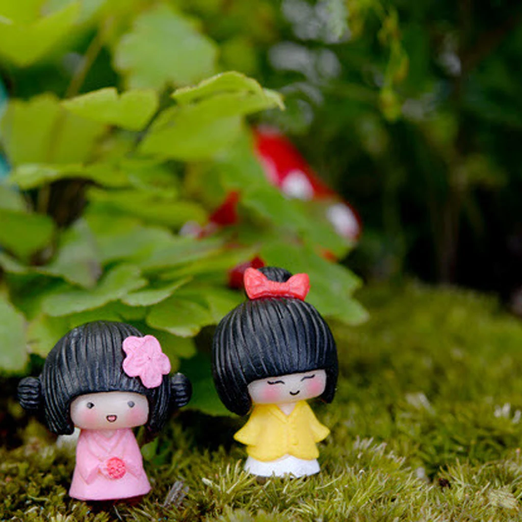 Set Of 10pcs Miniature Bonsai Garden Landscape DIY Dollhouse Furnishing Decoration, Cute Girl In Kimono