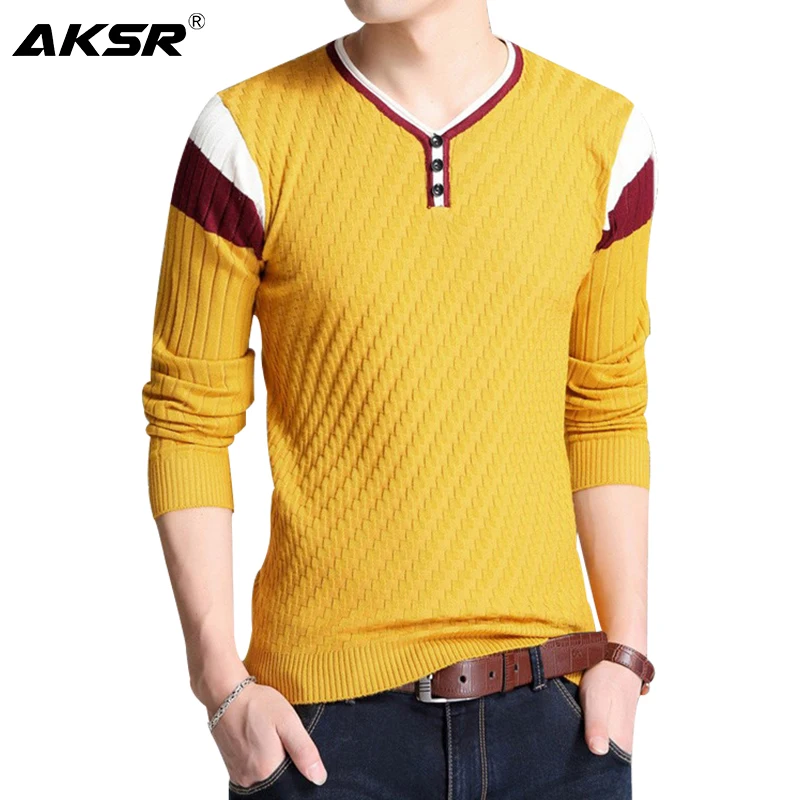 AKSR мужской осенний модный шерстяной свитер с v-образным вырезом в полоску, кашемировый вязаный пуловер, свитер мужской трикотаж Sueter Hombre Pull Homme - Цвет: Цвет: желтый